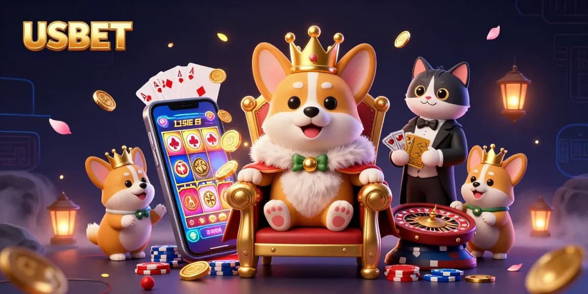 Experience exciting gaming at USBET with a royal corgi crowned and surrounded by casino elements.