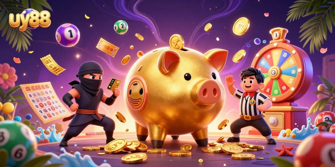 Experience thrilling games at uy88 with a golden piggy bank sumo wrestler amidst vibrant lottery elements.