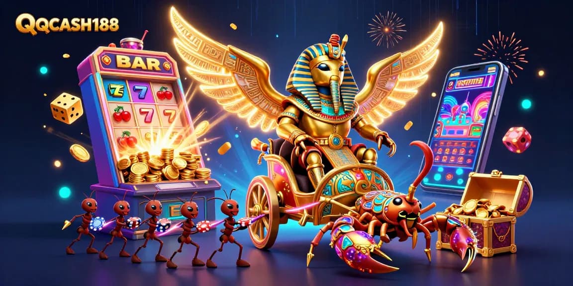 Experience the thrilling action of QQCASH188 with a vibrant 3D casino illustration showcasing exciting games.