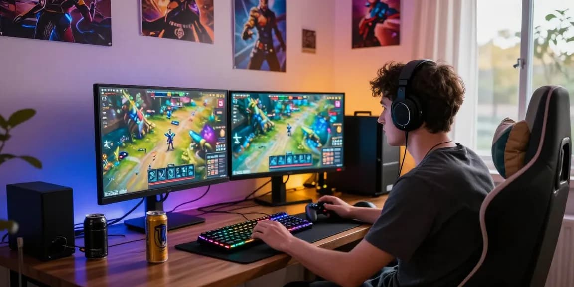 Engaging gaming moment with mantra88 gamer immersed in vibrant home setup