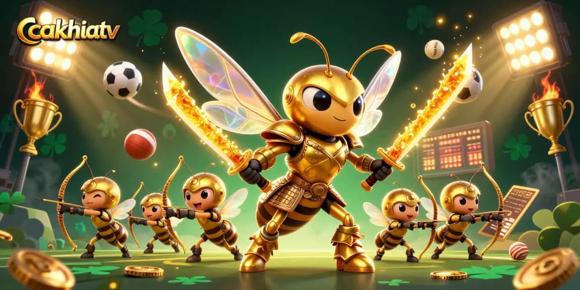 CakhiaTV showcases a vibrant 3D illustration featuring a golden hornet samurai amidst dynamic sports elements.