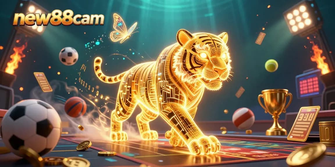 Experience casino excitement with new88cam's dazzling 3D tiger in a vibrant gambling scene.