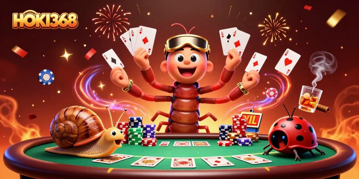 Experience the excitement of HOKI368 with a lively casino scene featuring a dealer and playful characters.