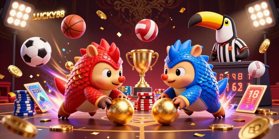 LUCKY88 pangolins compete with golden balls in a vibrant casino scene.