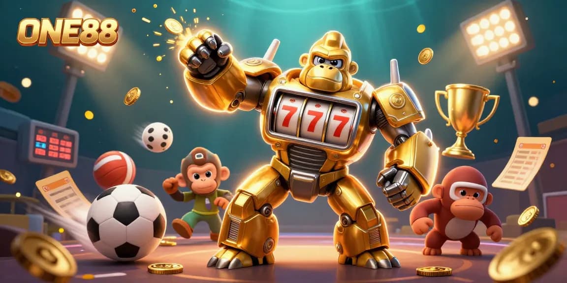 Engage in thrilling gameplay at ONE88, featuring a golden mech and dynamic sports elements.
