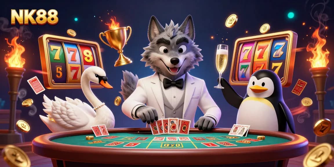 Experience the thrill of winning at NK88 with our dynamic 3D casino illustration featuring exciting slot games.