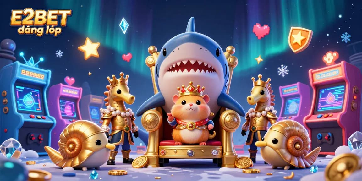 Engage with E2BET đăng nhập through a vibrant casino-themed 3D illustration showcasing a golden hamster king and dynamic gaming elements.