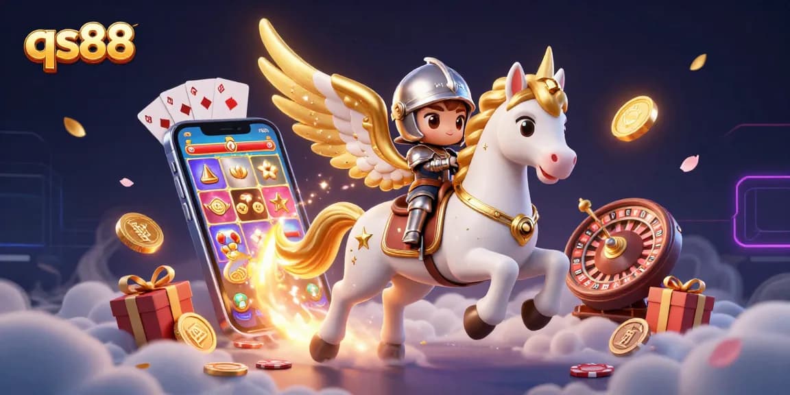 Experience the thrill of qs88 with a celestial horse and exciting casino actions in a vivid illustration.