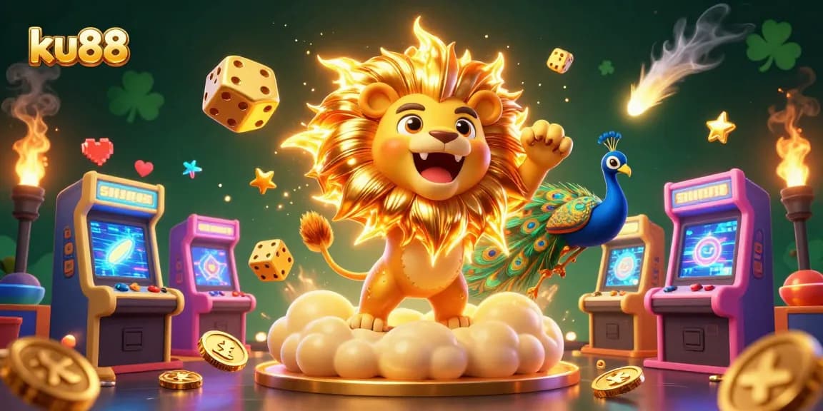 Experience thrilling wins at ku88 with a vibrant 3D casino illustration featuring a roaring sun lion and golden dice.