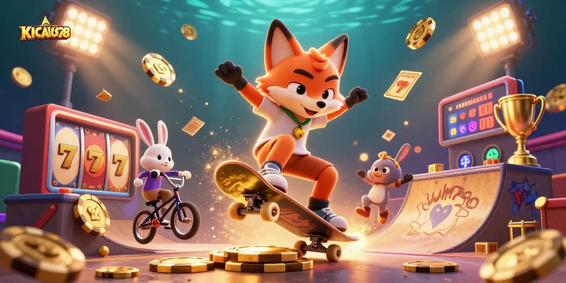 KICAU678 showcases a dynamic 3D casino scene with a skateboarder fox, BMX rabbit, slot reels, and vibrant casino elements.