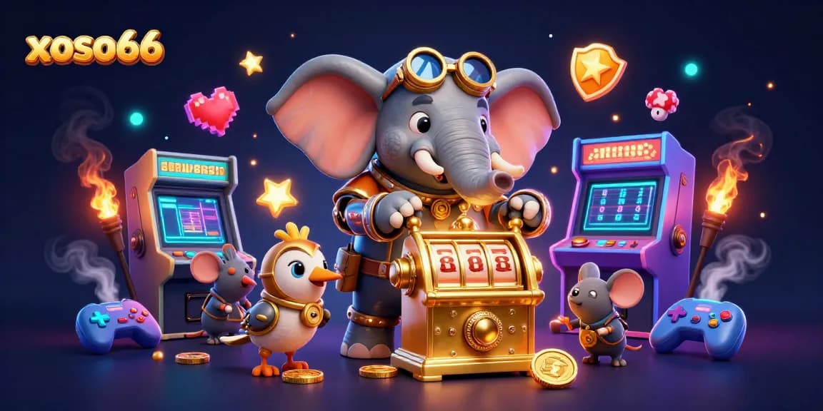 Spin the golden slot machine with xoso66; a captivating steampunk scene featuring vibrant arcade elements.