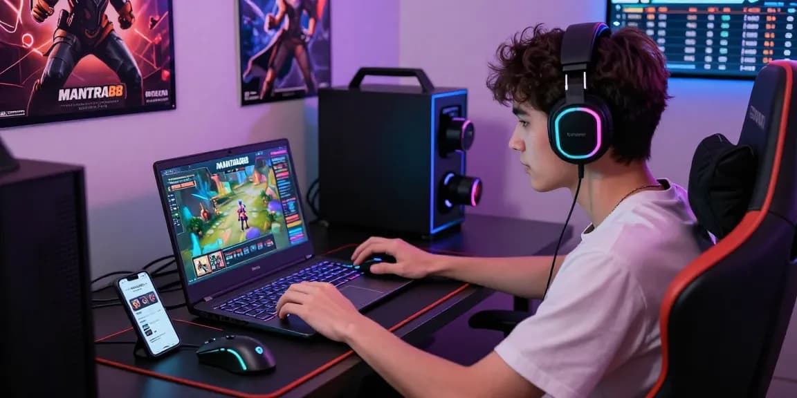 Engaged player using MANTRA88 platform for online gaming with vibrant interface and gaming gear.