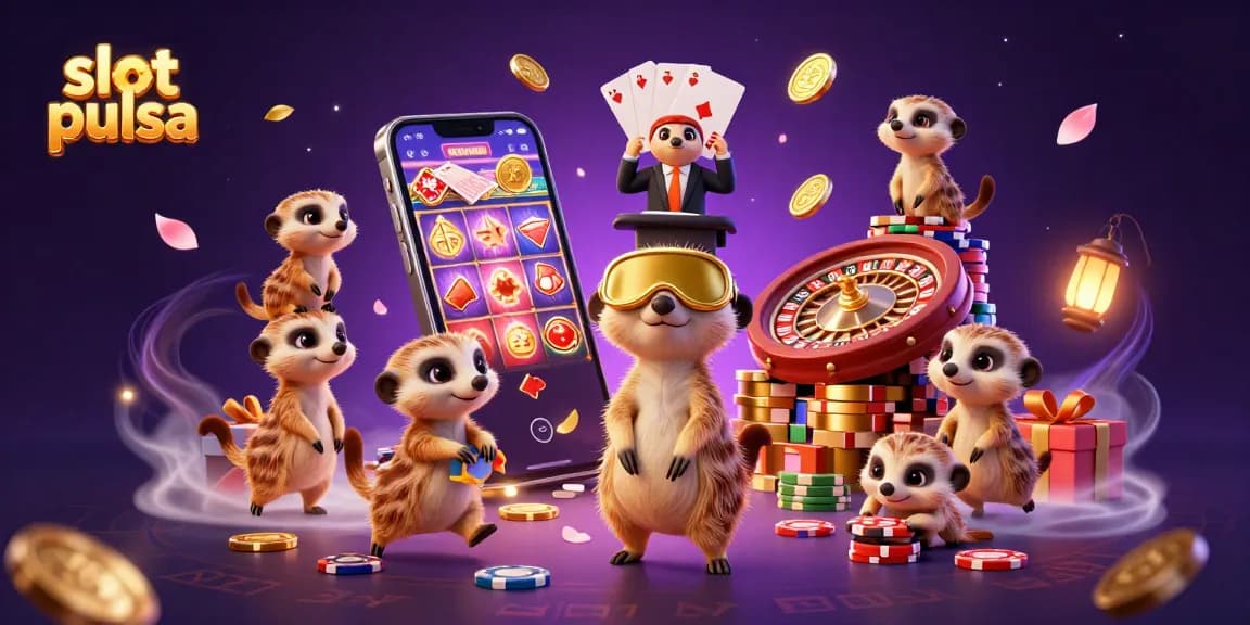 Play exciting games at slot pulsa with meerkats running a vibrant casino operation, featuring immersive gaming elements.