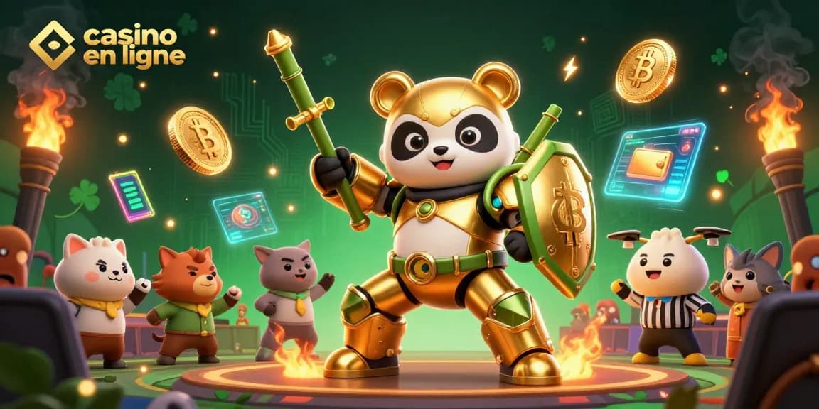 Découvrez l'ambiance dynamique des jeux de casino en ligne avec un panda d'or pilotant un robot dans une arène animée.