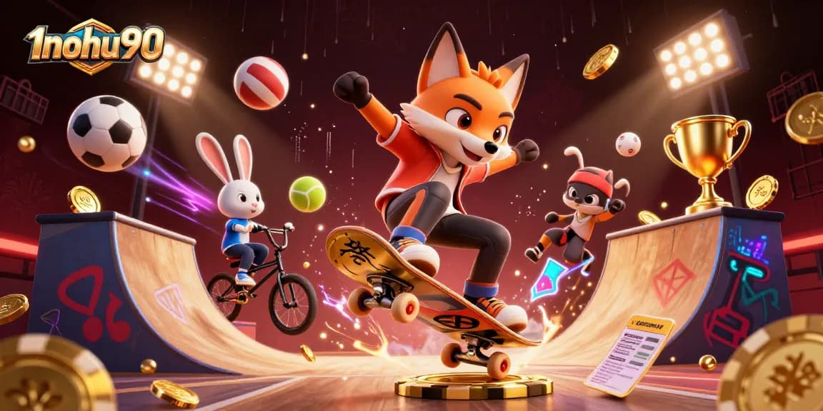 Experience thrilling wins at 1nohu90 with vibrant casino-themed art showcasing a skateboarder fox and rabbit in action.