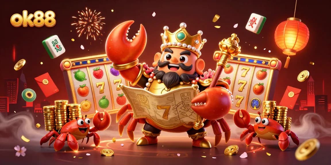 Experience exhilarating wins with ok88's vibrant slot games featuring a majestic crab emperor and golden chips.