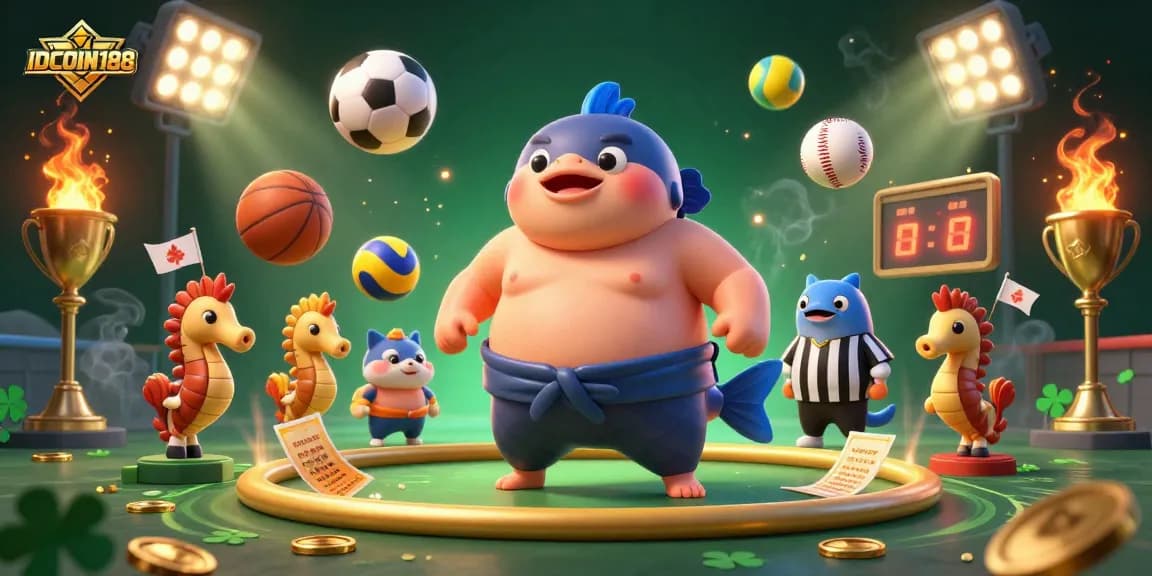Engage with IDCOIN188 through an exciting gambling scene featuring a fugu champion and thrilling sports elements.