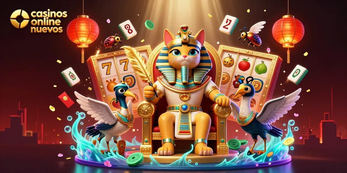 Disfruta de casinos online nuevos con este ilustrativo arte 3D de un faraón y elementos de juego vibrantes.