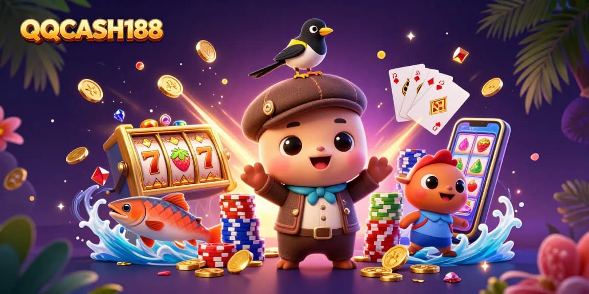 Engage with QQCASH188 at a vibrant casino scene featuring baby Nessie and lucky slot reels.