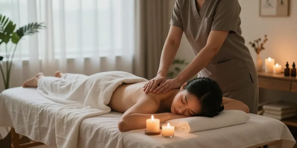 마포출장안마 therapy session in a calming home massage setting with candles and plants.