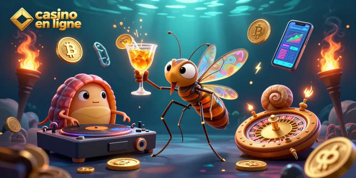 Visualisez un casino en ligne dynamique avec une mascotte moustique et des éléments de crypto-monnaie.