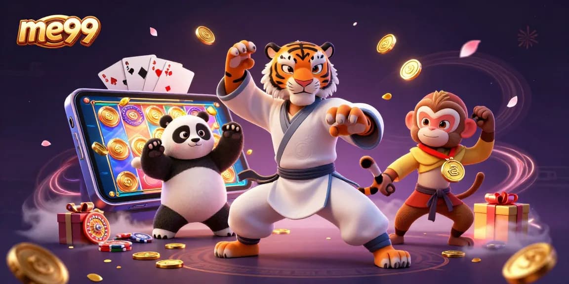 Spin to win at me99, where a kung fu tiger, panda, and monkey join in colorful casino fun.