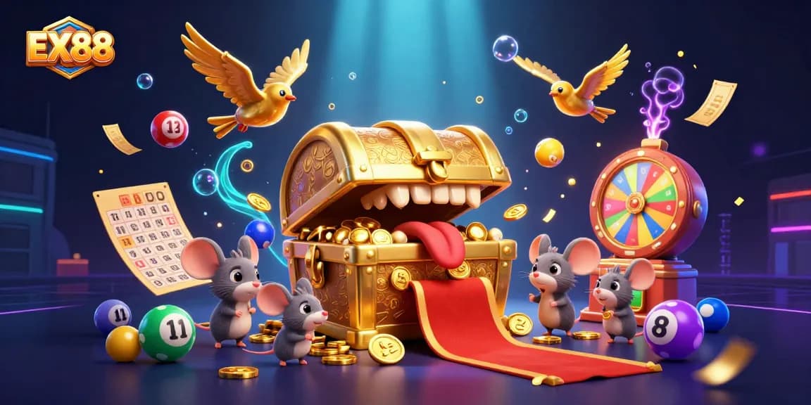 Experience thrilling winnings at EX88 as mice discover treasures amidst colorful lottery balls.