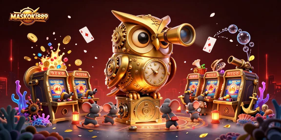 Engage with MASKOKI889's vibrant casino scene featuring a golden owl, playful mice, and treasures galore.