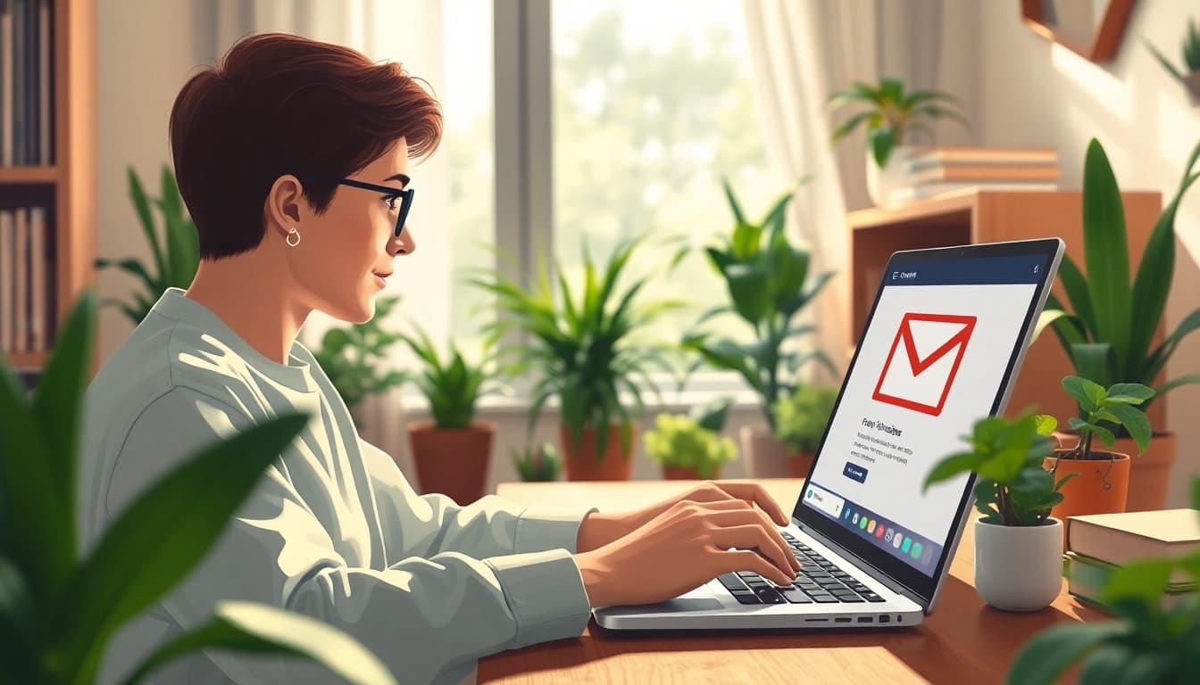 下载gmail应用程序，人在舒适的家庭办公室中使用计算机。