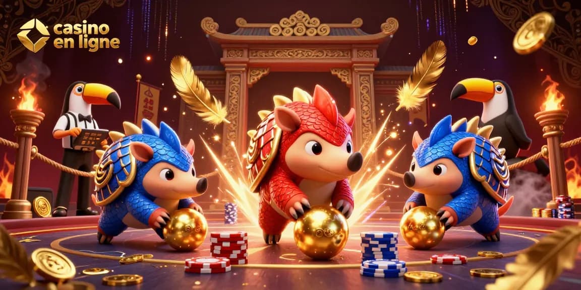 Les pangolins rivalisent dans un casino en ligne animés par des jetons et des pièces dorées.