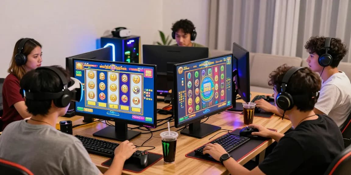 Exciting gaming atmosphere depicting friends enjoying situs gacor online slot games with colorful screens