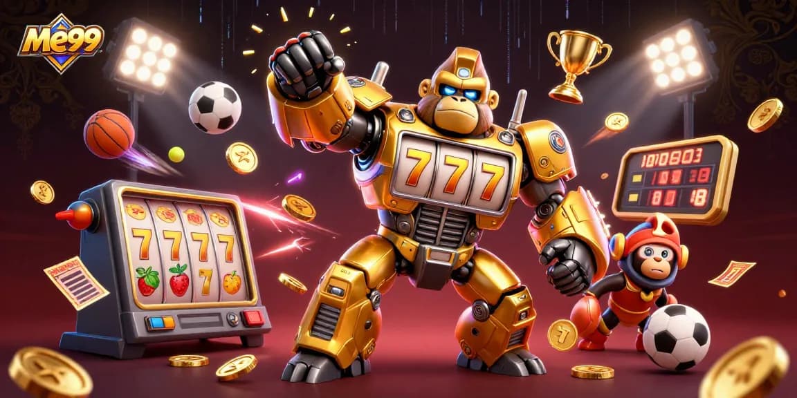 Experience big wins at me99, where an epic golden gorilla mech from slot machines explodes with coins.