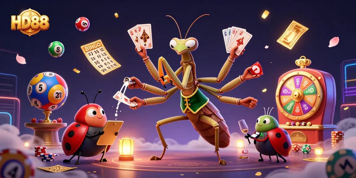 Engage in thrilling gaming with HD88's vibrant casino atmosphere featuring colorful elements and dynamic characters.