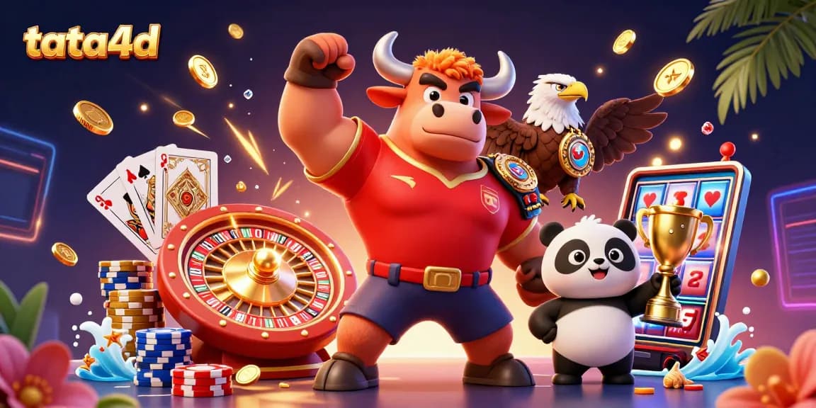 Spin to win with tata4d's vibrant gaming characters, golden coins, and rich casino elements.