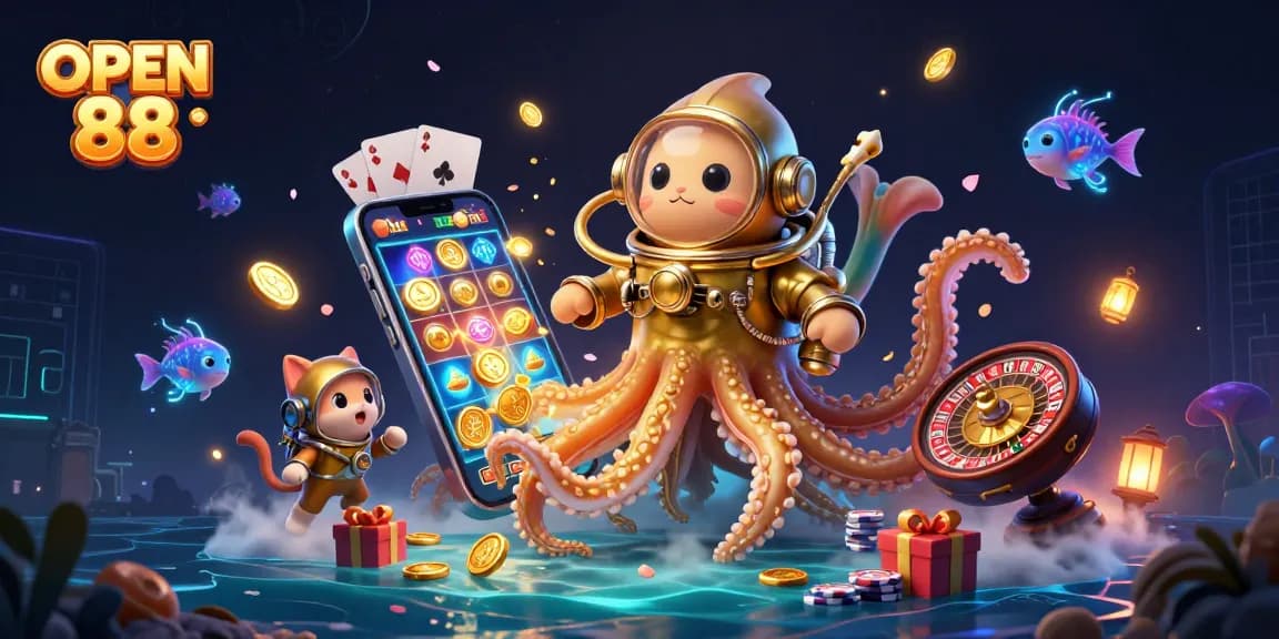 Gaming excitement at OPEN 88 features the kraken and a diving cat amidst vibrant casino elements.