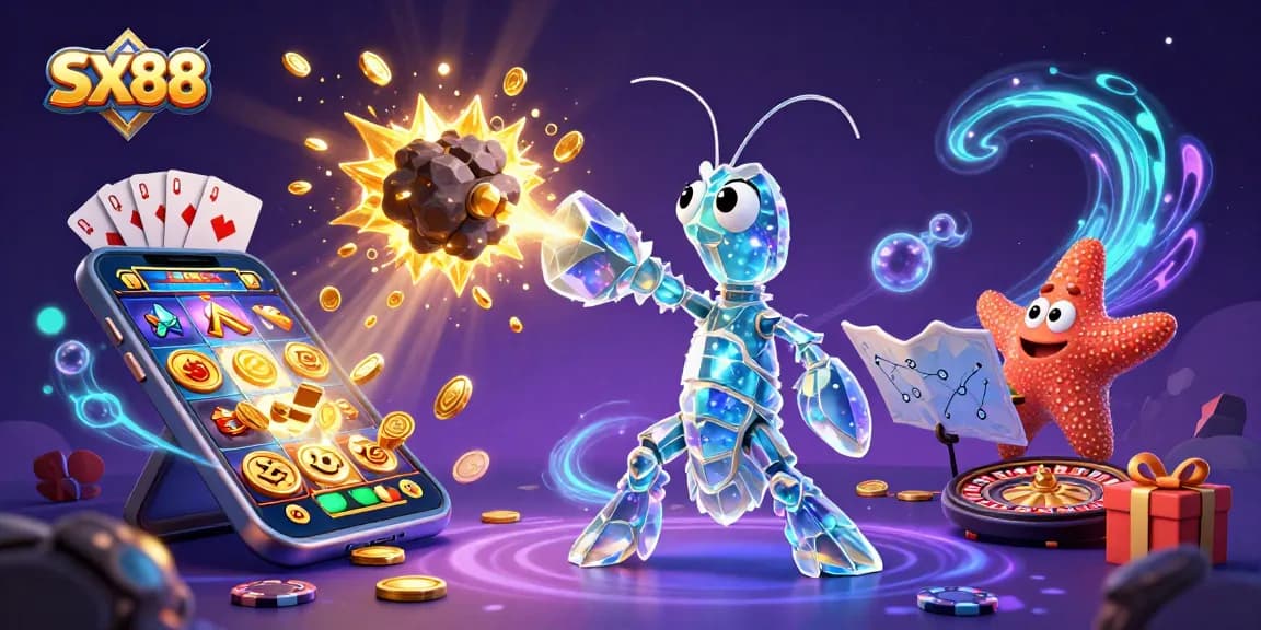 SX88's vibrant 3D illustration shows a galactic samurai shrimp amidst a thrilling casino explosion.