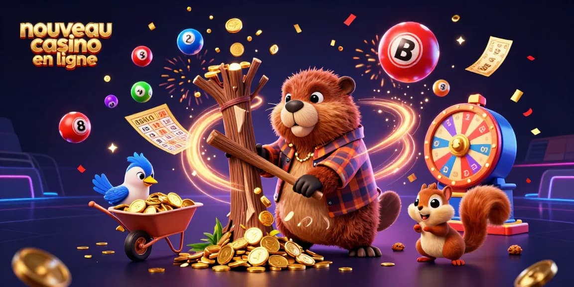 Élément dynamique d'un nouveau casino en ligne avec un castor en train de récolter des pièces d'or.