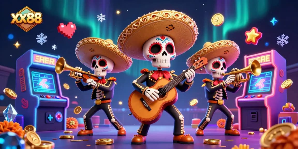 Engage with xx88's vibrant casino experience in a lively 3D illustration featuring a mariachi band.