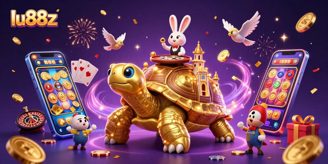 Engage in thrilling gameplay at lu88z with a vibrant scene featuring a golden tortoise casino and dealer.