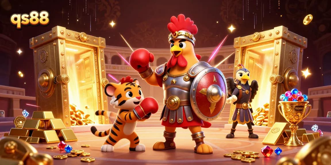 Experience the thrill of qs88 with a gladiator rooster and treasures in a dynamic casino scene.