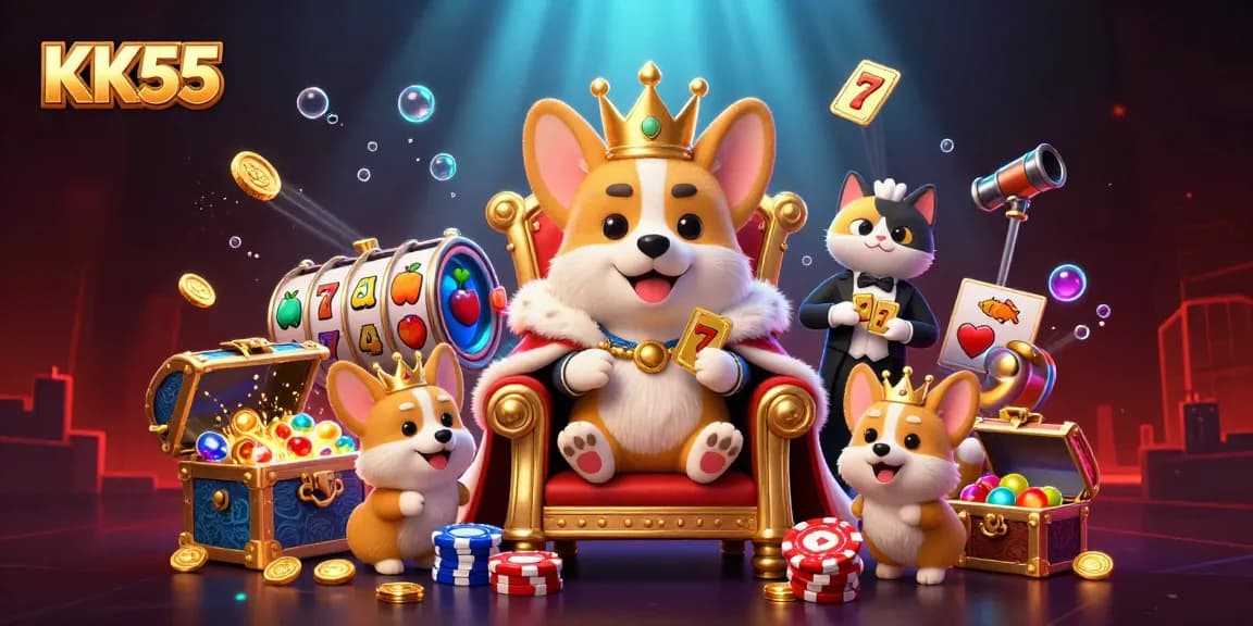 Engage with KK55's vibrant gaming world featuring a royal corgi presiding over a lively casino scene.