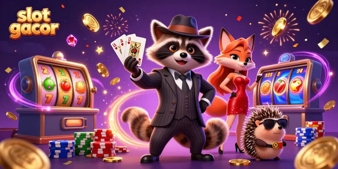 Experience slot gacor thrills with a raccoon holding a royal flush, surrounded by vibrant gaming elements.
