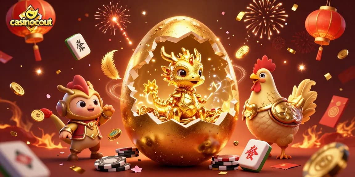 Casino games come alive with the golden dragon and poker chips in this casinoscout illustration.