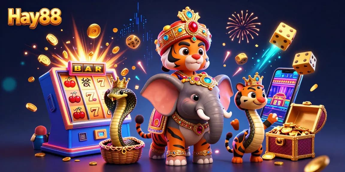 Experience thrill and excitement at Hay88 with a vibrant digital casino illustration full of jackpots and games.