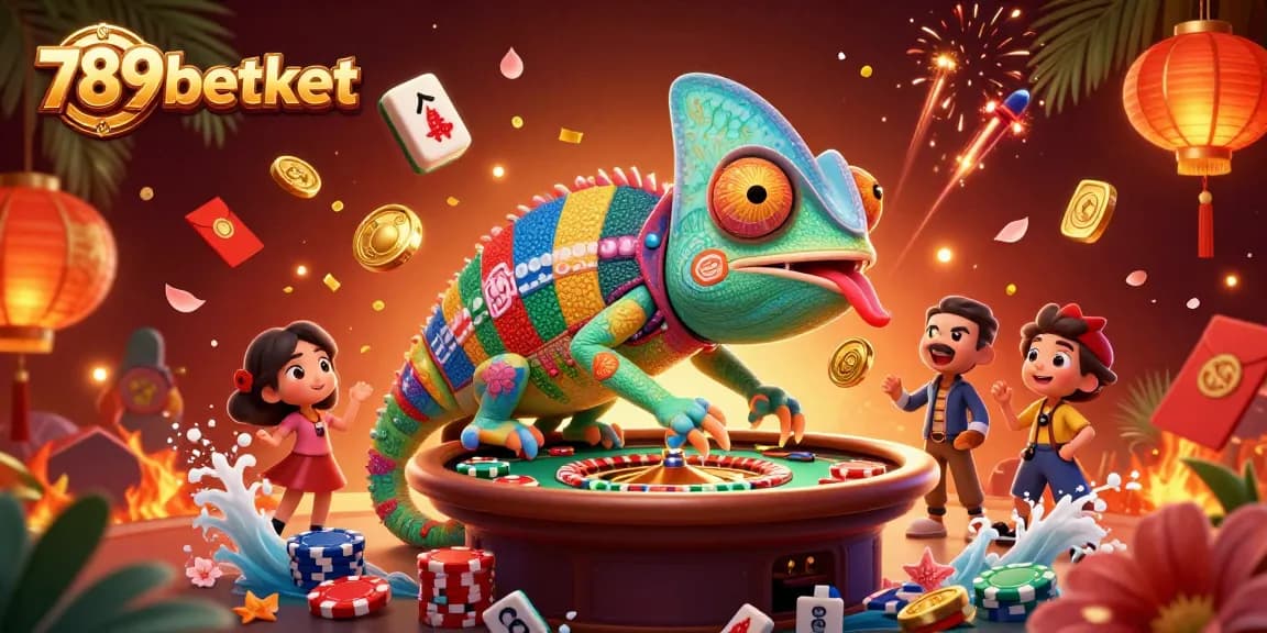 Experience the vibrant world of 789betket with a chameleon casino owner amidst glowing gaming elements.