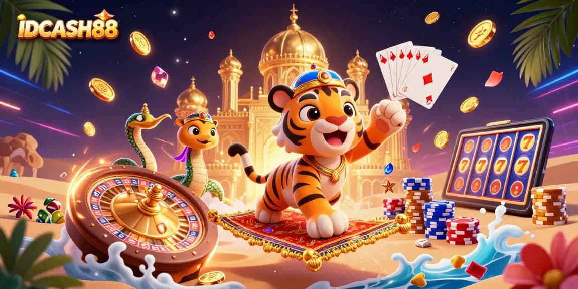 Experience thrilling wins on IDCASH88 with a vibrant 3D scene showcasing slots and casino excitement.