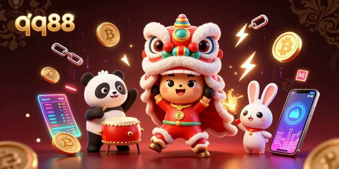 Experience the thrill of qq88 with dynamic casino elements and festive characters in a vibrant 3D scene.