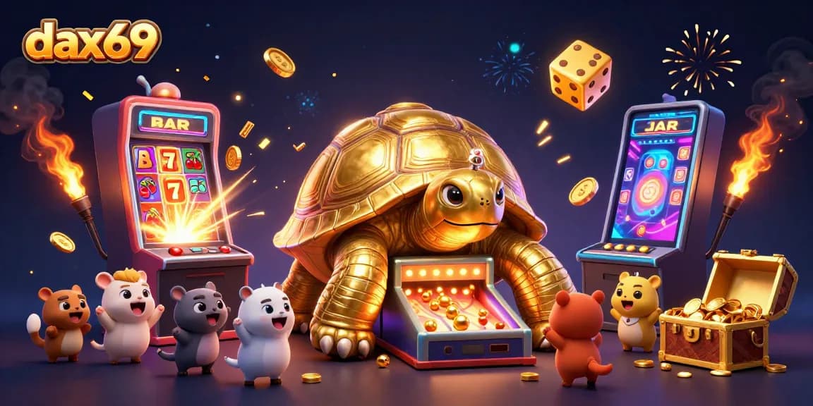 Permainan dax69 dengan kura-kura emas besar dan mesin slot yang meledak, penuh koin dan simbol keberuntungan.