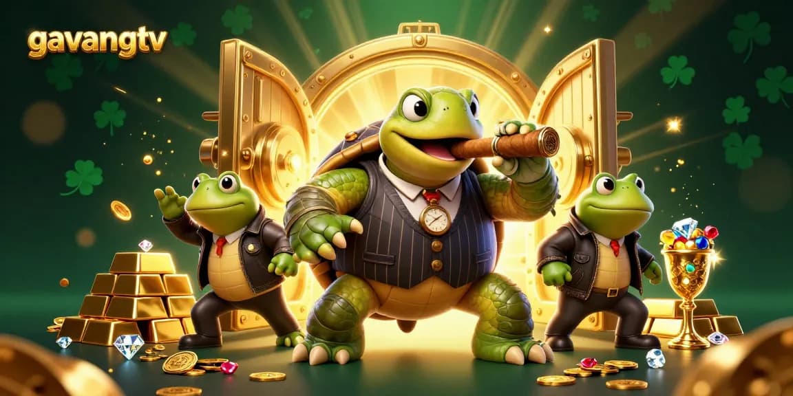 Engage in thrilling gambling experience with gavangtv as vibrant turtle and bullfrog characters embody casino fun.