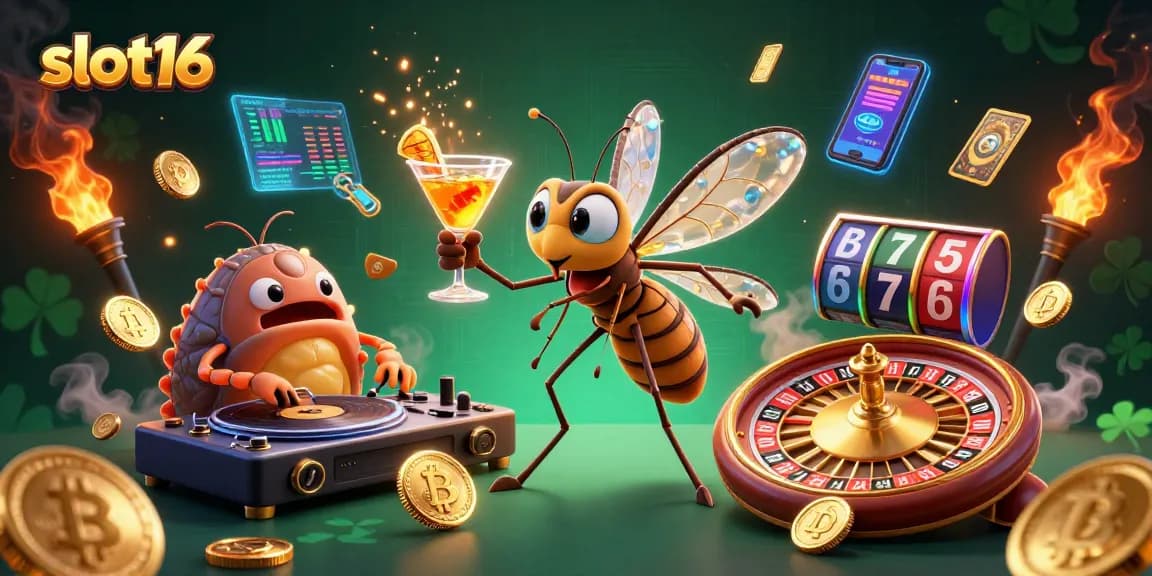 Spin to win on slot16 with a lively casino scene filled with vibrant characters and crypto elements.